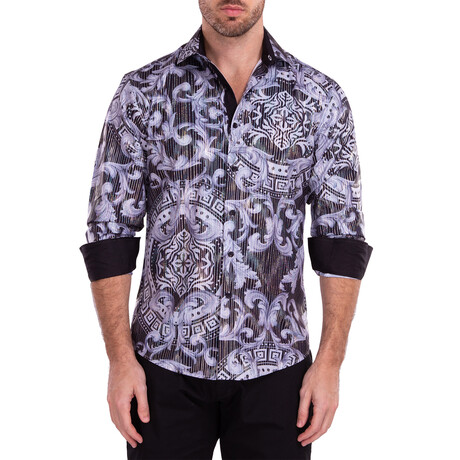 Greek Key Long Sleeve Button-Up Shirt // Black (L)
