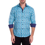 Lattice + Floral Print Long Sleeve Button-Up Shirt // Turquoise (2XL)