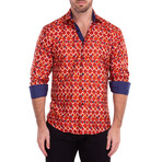 Lattice + Floral Print Long Sleeve Button-Up Shirt // Red (3XL)