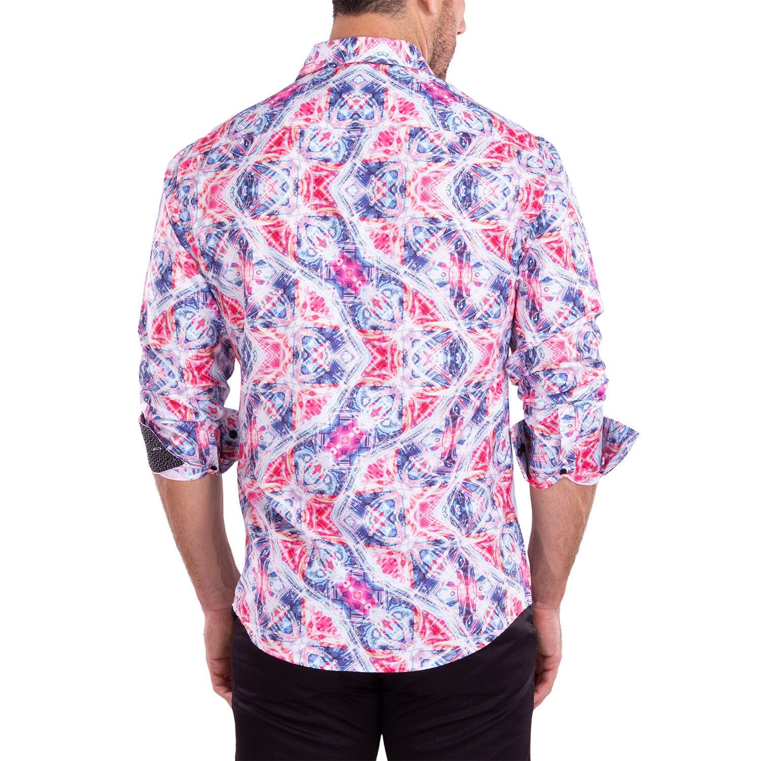 Trippy Kaleidoscope Long Sleeve Button-Up Shirt // White + Red + Blue ...