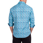 Lattice + Floral Print Long Sleeve Button-Up Shirt // Turquoise (L)