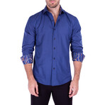 Striped Texture Long Sleeve Button-Up Shirt // Navy (S)
