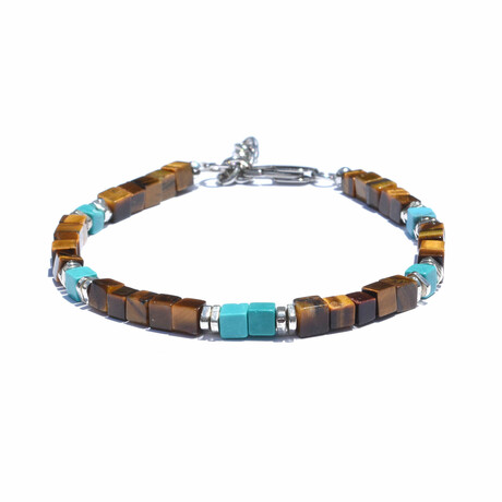 Seductive Cube Bracelet // Brown + Blue + Silver // Adjustable 7" - 7.75"
