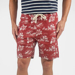 PUREtec cool™ Stretch Linen Cotton E-Waist Shorts // Canyon Red Tropical Waves (2XL)