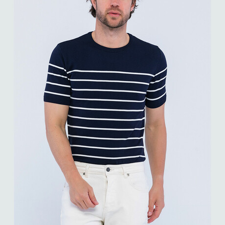 Striped Knitwear T-Shirt // Navy + Ecru (S)