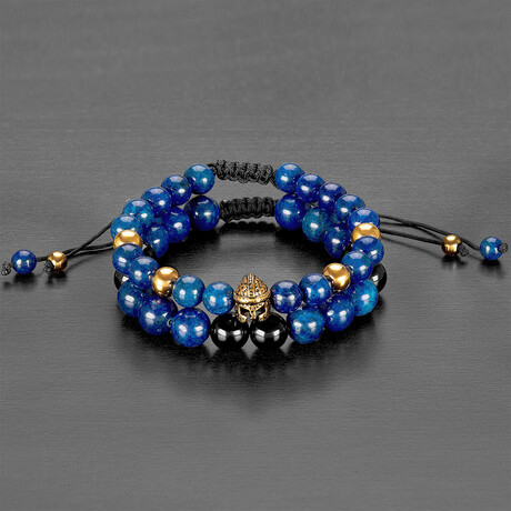 Lapis Lazuli Stones + Onyx + Steel Spartan Head Adjustable Bracelets // Set of 2 // 8"