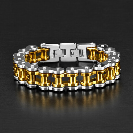 Two Tone Stainless Steel Bicycle Chain Bracelet // 9.5"