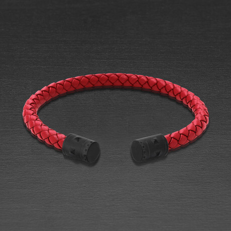 Black Plated Stainless Steel Cap Ends + Red Leather Cuff Bracelet // 9"
