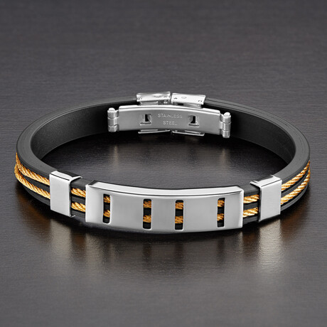 Double Row Yellow Plated Steel Cable Inlay + Rubber Cuff Bracelet // 7.5"