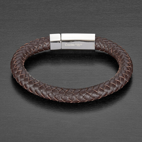 Distressed Brown Leather + Polished Stainless Steel Clasp Bracelet // 8.5"