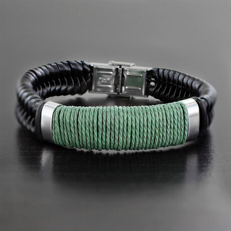 Black Leather Bracelet + Stainless Steel Hook Clasp Cuff Bracelet // 8"