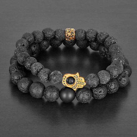 Lava + Matte Onyx + Gold Plated Steel Hamsa Stretch Bracelets // Set of 2 // 8"