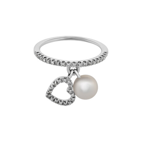 18K White Gold Pearl + Diamond Ring // Ring Size: 7.5 // New