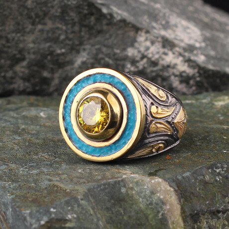 Handmade Enamel And Citrine Gemstone Ring (Ring Size: 6)
