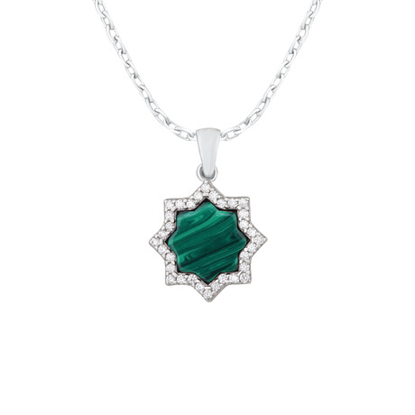 Natural Malachite Stone Necklace // Silver + Green