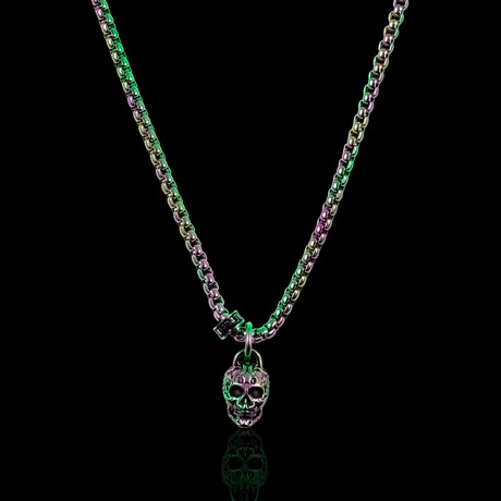 Polished + Antiqued Iridescent Plated Small Skull Stainless Steel Pendant // 24"