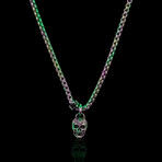 Polished and Antiqued Iridescent Plated Small Skull Stainless Steel Pendant // 24"