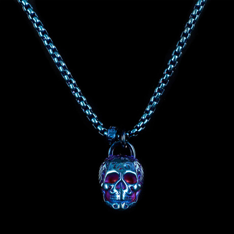 Antique + Polished Blue Plated Stainless Steel Large Skull Pendant Necklace // 24"