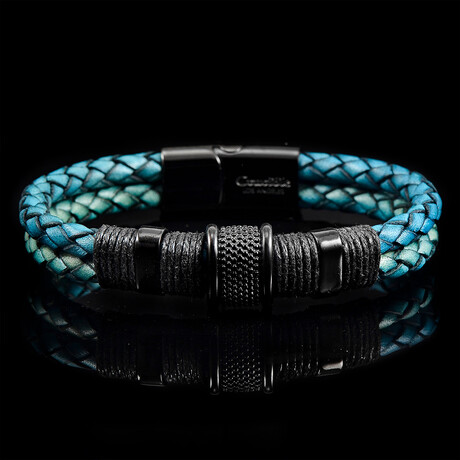Black Plated Stainless Steel Distressed Aqua Blue Leather Cuff Bracelet // 8.5"