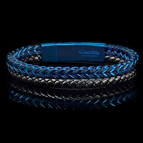 Polished Blue Plated Stainless Steel Franco Chain + Leather Cuff Bracelet // 8.5"