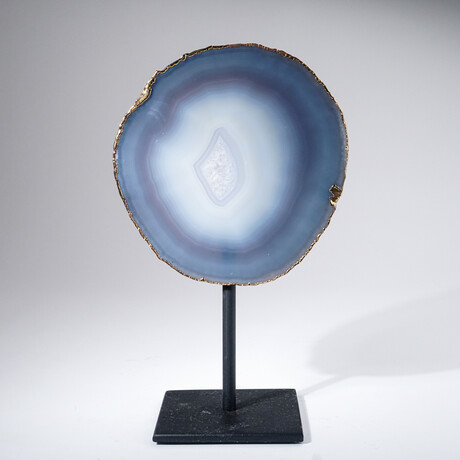 Polished Electroplated Agate Slice On Metal Display Stand