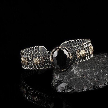 Victorian Onyx Bracelet Sterling Silver // Antique Silver + Black (S)
