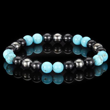 Turquoise + Onyx + Magnetic Hematite Stone Stretch Bracelet // 8"