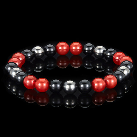 Red Agate + Onyx + Magnetic Hematite Stone Stretch Bracelet // 8"