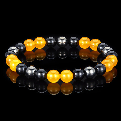 Yellow Agate + Onyx + Magnetic Hematite Stone Stretch Bracelet // 8"