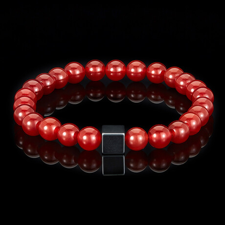 Red Agate + Hematite Cube Stone Stretch Bracelet // 8"