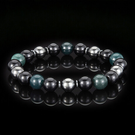 Moss Agate + Onyx + Magnetic Hematite Stone Stretch Bracelet // 8.5"