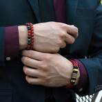 Red Agate + Onyx + Magnetic Hematite Stone Stretch Bracelet // 8"