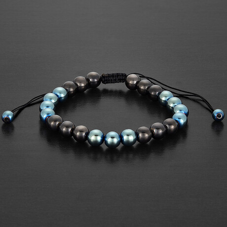 Black + Blue Plated Hematite Stone Bead Adjustable Bracelet // 8"