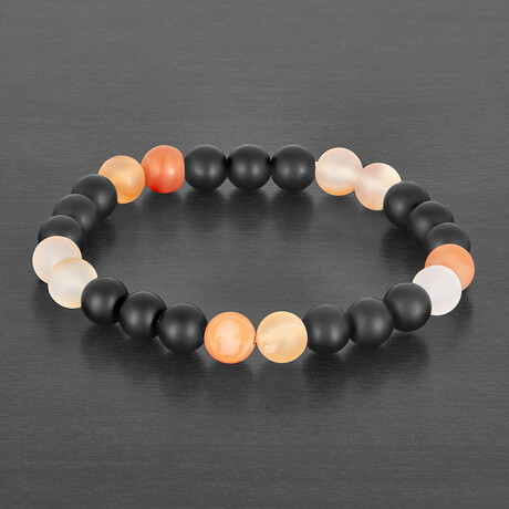 Matte Black + Orange Agate Stone Stretch Bracelet // 8"