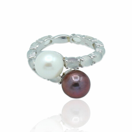 Superoro // 18K White Gold Pearl + Moonstone Ring // Ring Size: 7.25 // New