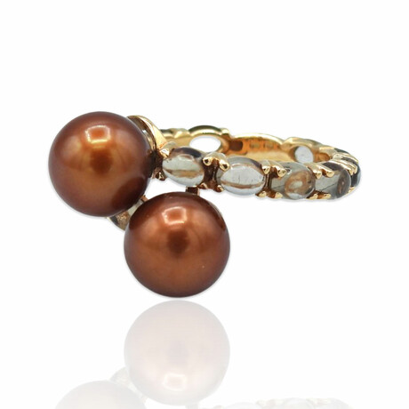 Superoro // 18K Rose Gold Pearl + Smoky Quartz Ring // Ring Size: 7.25 // New