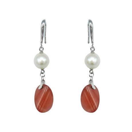 Superoro // 18K White Gold Pearl + Red Rhodochrosite Earrings // New