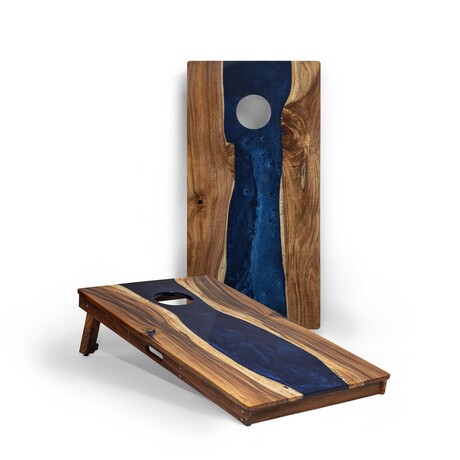 Live Edge Resin Cornhole Boards // River Blue with Pearl