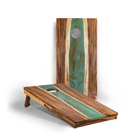 Live Edge Resin Cornhole Boards // Orange + Green with Pearl