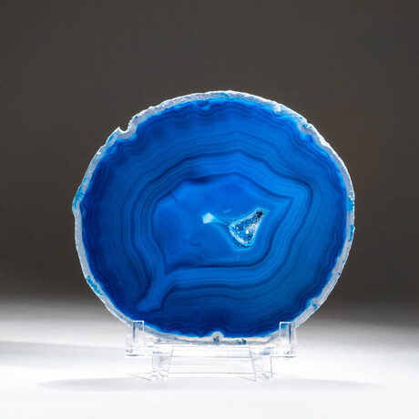 Genuine Blue Quartz Agate Slice with acrylic display stand