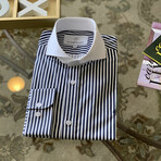 Striped Slim-Fit Long Sleeve Button-Up Shirt // White + Navy (S)