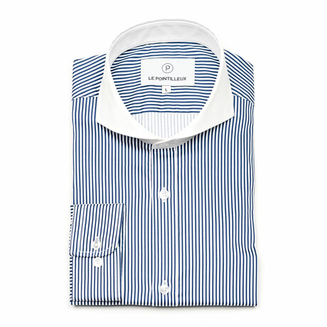 Striped Slim-Fit Long Sleeve Button-Up Shirt // White + Navy (S)
