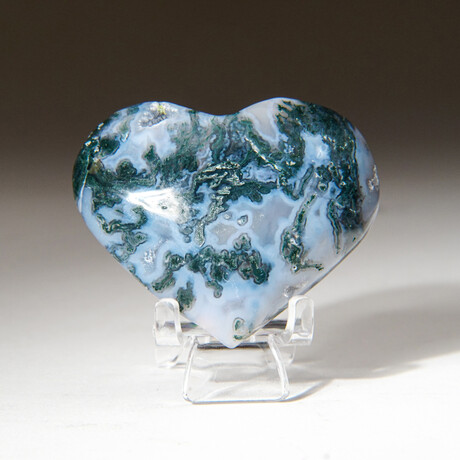 Genuine Polished Moss Agate Heart With Velvet Pouch // 80g