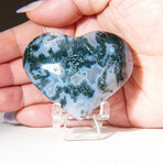 Genuine Polished Moss Agate Heart With Velvet Pouch // 80g