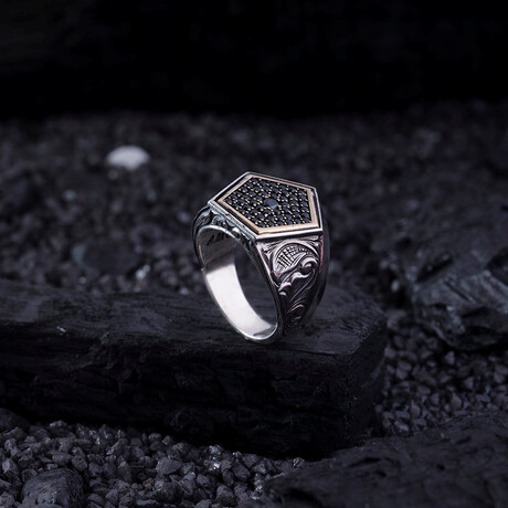 Pentagon Black Stones Ring // Silver + Black (9)