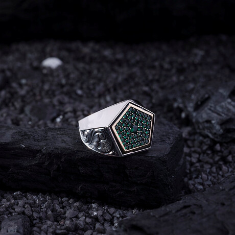 Pentagon Green Stones Ring // Silver + Green (9)