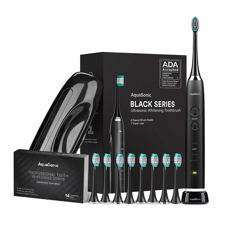 AquaSonic Black Series Toothbrush + Travel Case With 8 Dupont Brush Heads + Whitening Strips Bundle