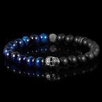 Steel Skull + Blue Tiger Eye + Matte Onyx Stone Stretch Bracelet // 8.5"