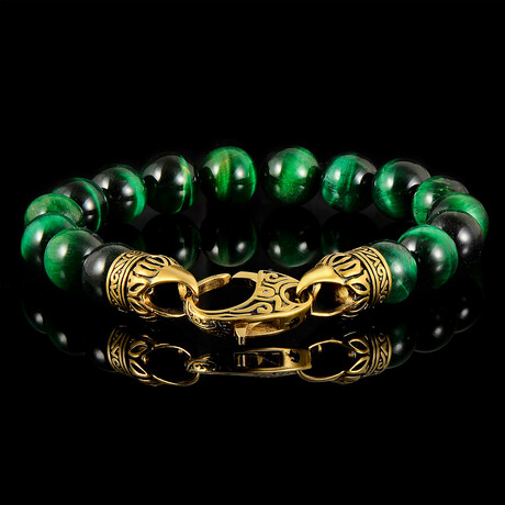 Green Tiger Eye Stone + Antiqued Gold Plated Steel Clasp // 8.25"