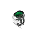 925 Sterling Silver Emerald Stone Men's Ring // Silver + Green (10)